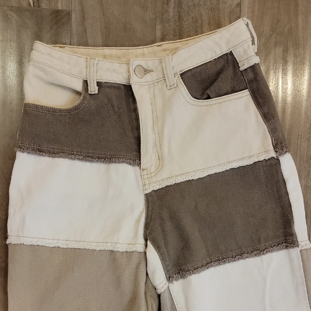 ❄️3/$30 Cream and Brown Patchwork Pants - Picture 2 of 6